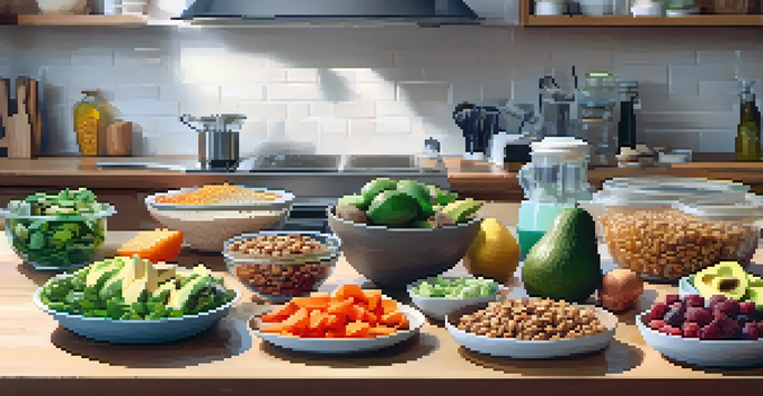 A kitchen table with neatly arranged meal prep containers filled with healthy foods like lean meats, vegetables, and avocados, under soft natural lighting.