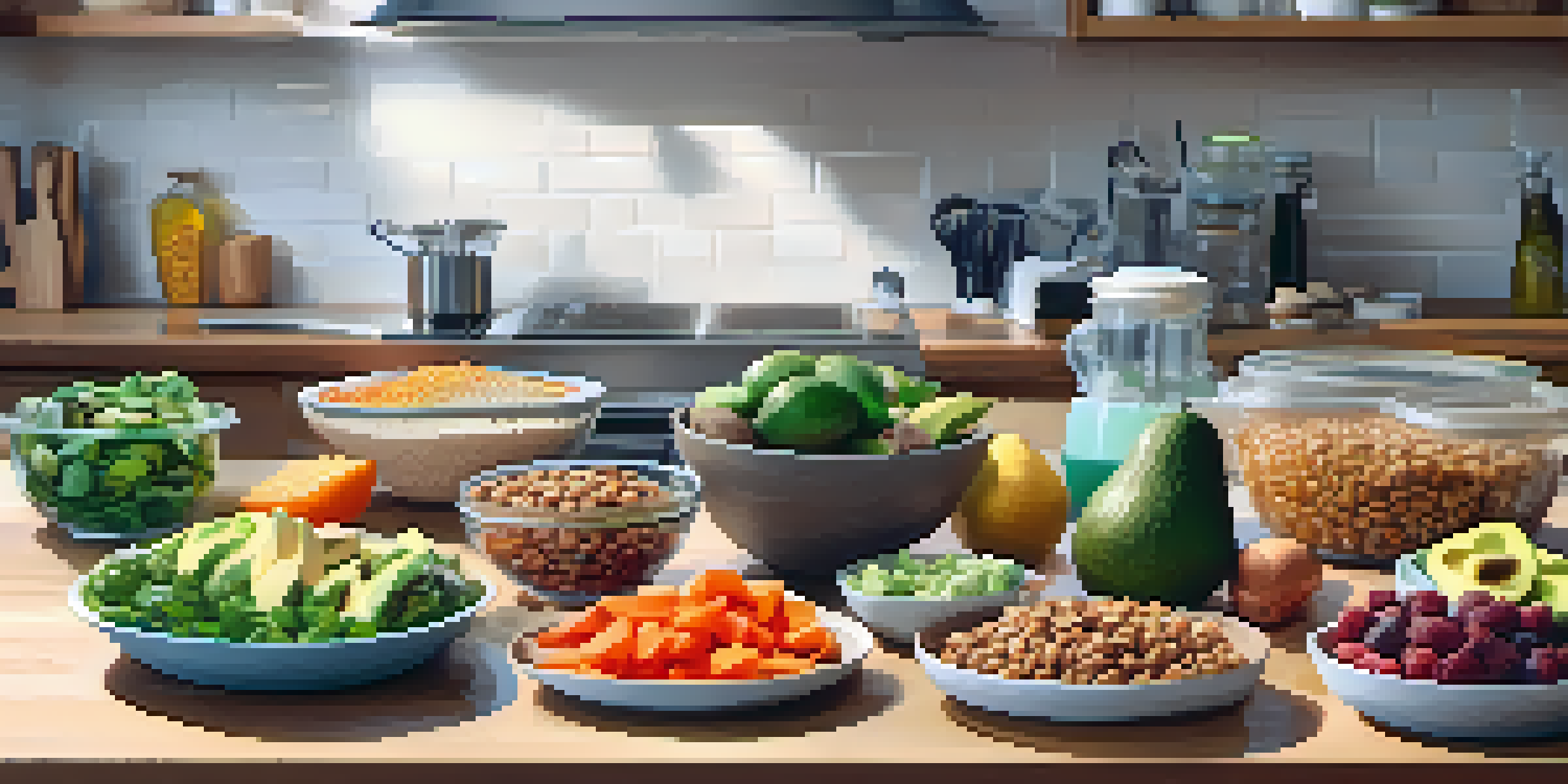 A kitchen table with neatly arranged meal prep containers filled with healthy foods like lean meats, vegetables, and avocados, under soft natural lighting.