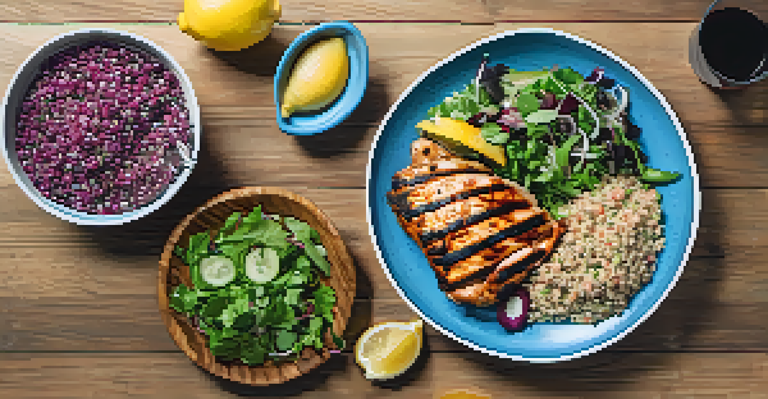 A colorful post-workout meal on a wooden table featuring grilled chicken, salad, quinoa, and a glass of water with lemon.