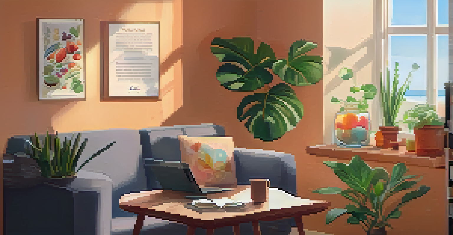 A cozy corner with a person enjoying a healthy snack and a fitness journal, surrounded by plants and warm lighting.