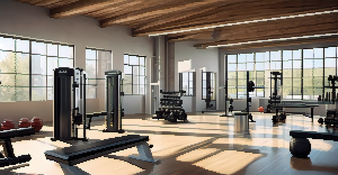 A bright gym interior with various weight training equipment and a person performing a squat.
