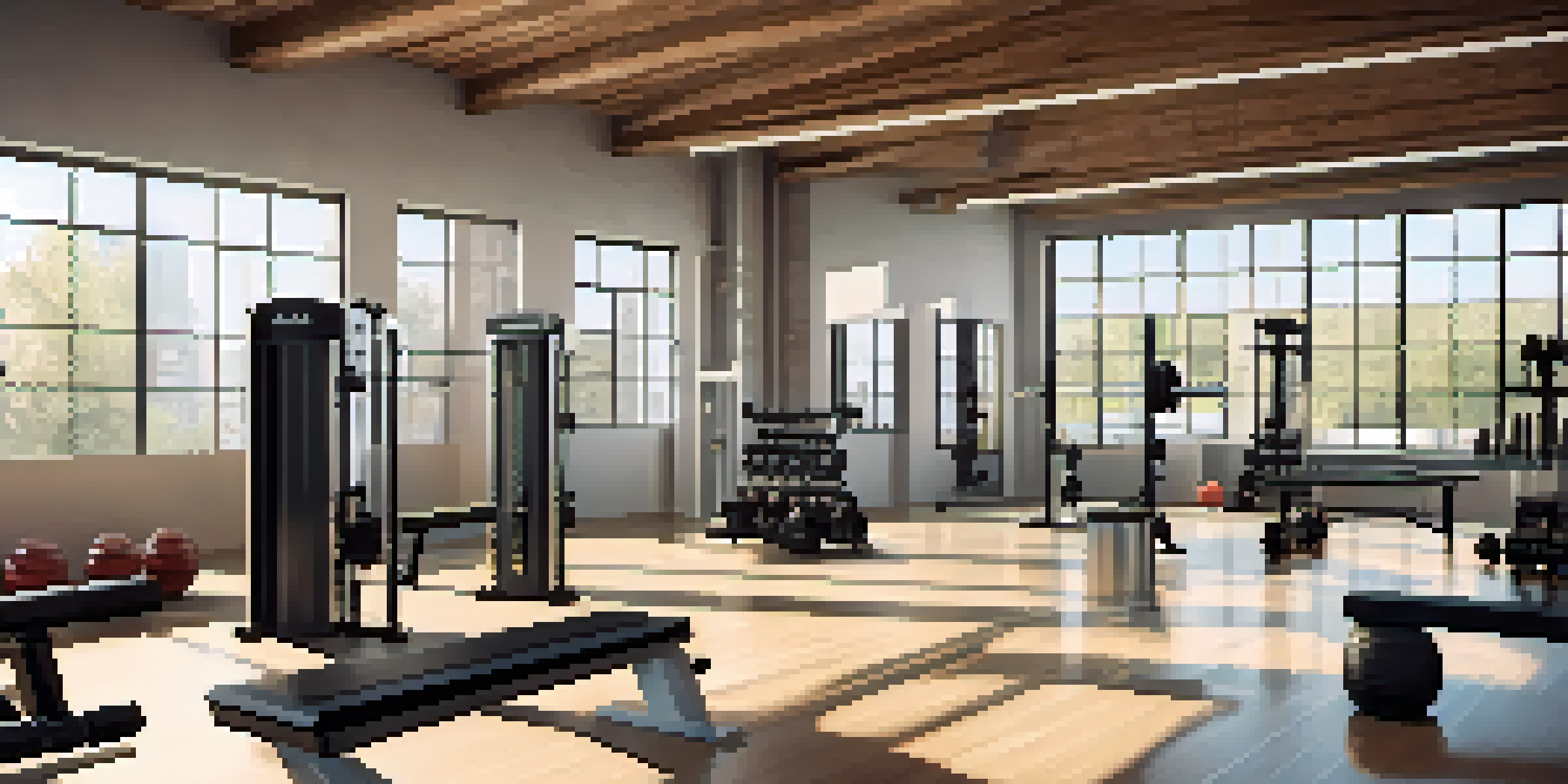 A bright gym interior with various weight training equipment and a person performing a squat.