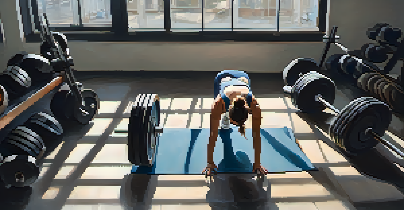 An overhead view of a person doing squats in a gym, with weights and fitness equipment around them.