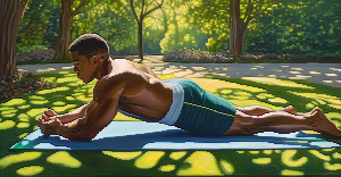 A bodybuilder resting on a yoga mat in a sunlit park, surrounded by trees and flowers, looking peaceful and meditative.