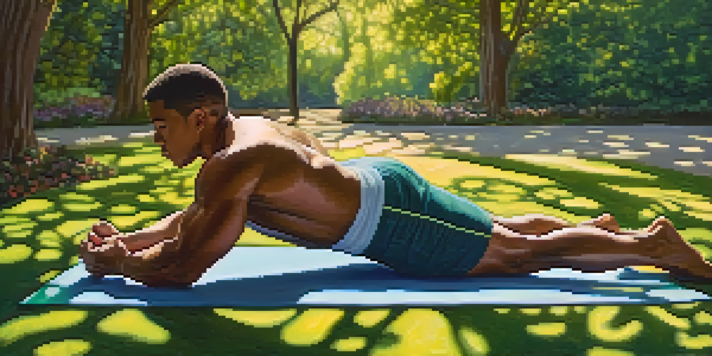 A bodybuilder resting on a yoga mat in a sunlit park, surrounded by trees and flowers, looking peaceful and meditative.
