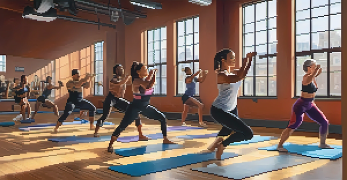 A diverse group of beginner bodybuilders warming up with dynamic stretches in a bright fitness studio.