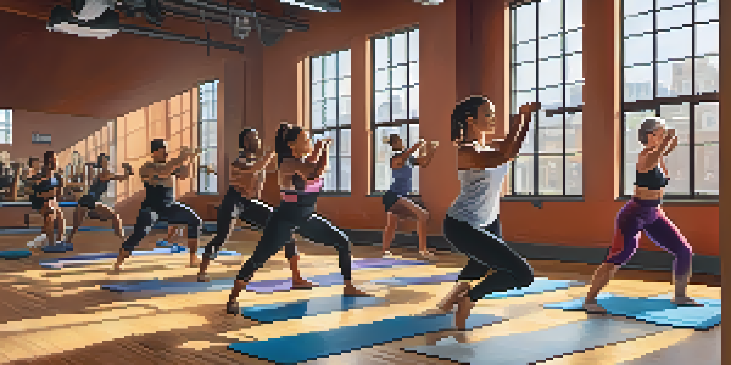 A diverse group of beginner bodybuilders warming up with dynamic stretches in a bright fitness studio.