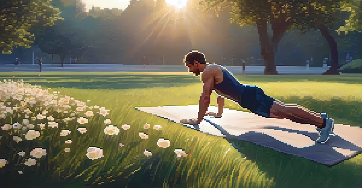 An endurance athlete doing push-ups in a park at sunrise, surrounded by nature.