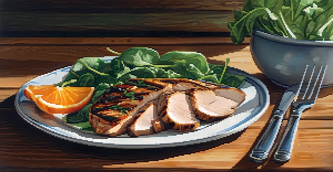 A colorful healthy meal on a rustic wooden table, featuring grilled chicken, leafy greens, and vibrant vegetables under soft natural light.
