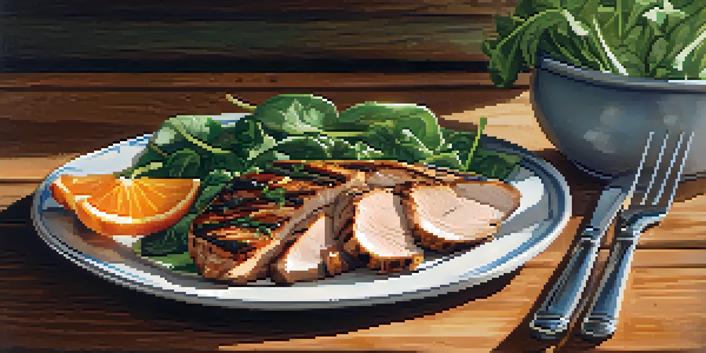 A colorful healthy meal on a rustic wooden table, featuring grilled chicken, leafy greens, and vibrant vegetables under soft natural light.