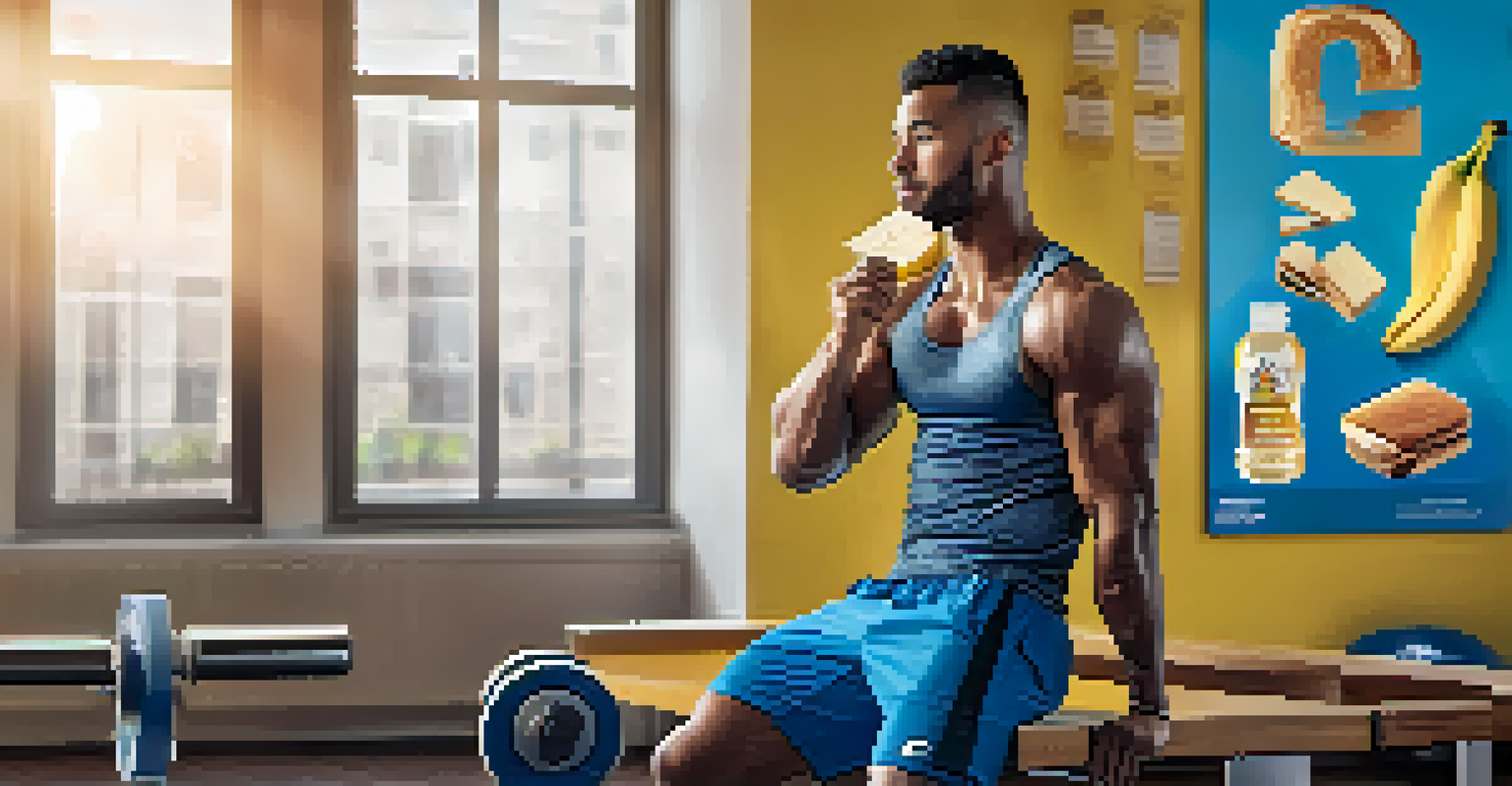 A focused athlete eating a banana and toast in a gym setting, surrounded by exercise equipment.