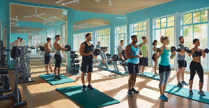 A diverse group of individuals in a gym, engaged in strength training with bright natural light illuminating the space.