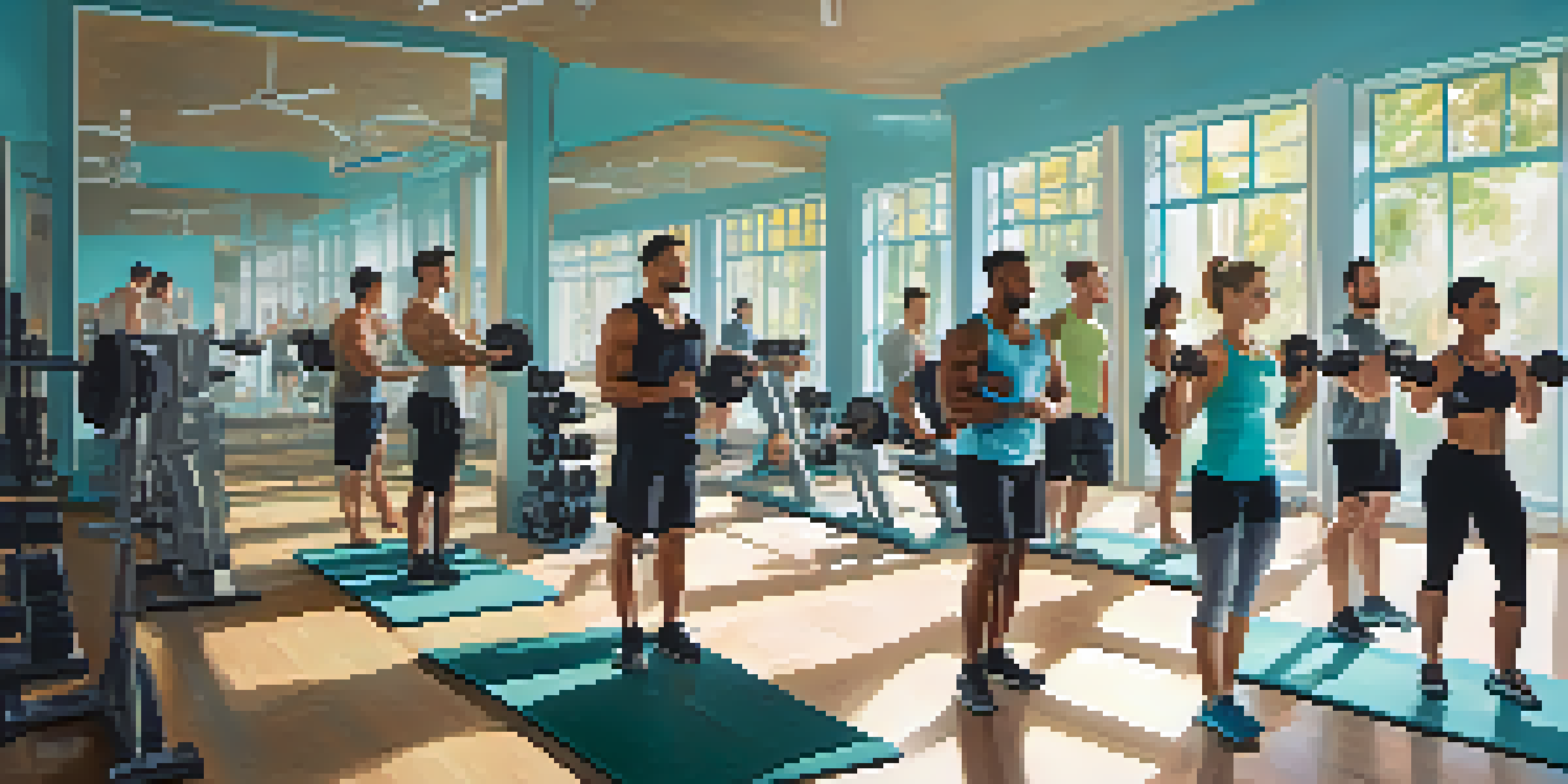 A diverse group of individuals in a gym, engaged in strength training with bright natural light illuminating the space.