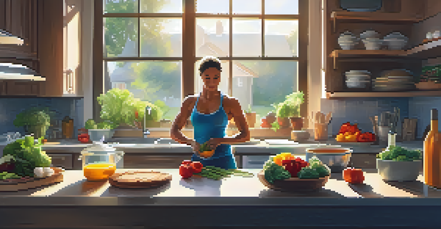 A bodybuilder cooking a healthy meal in a bright and welcoming kitchen.