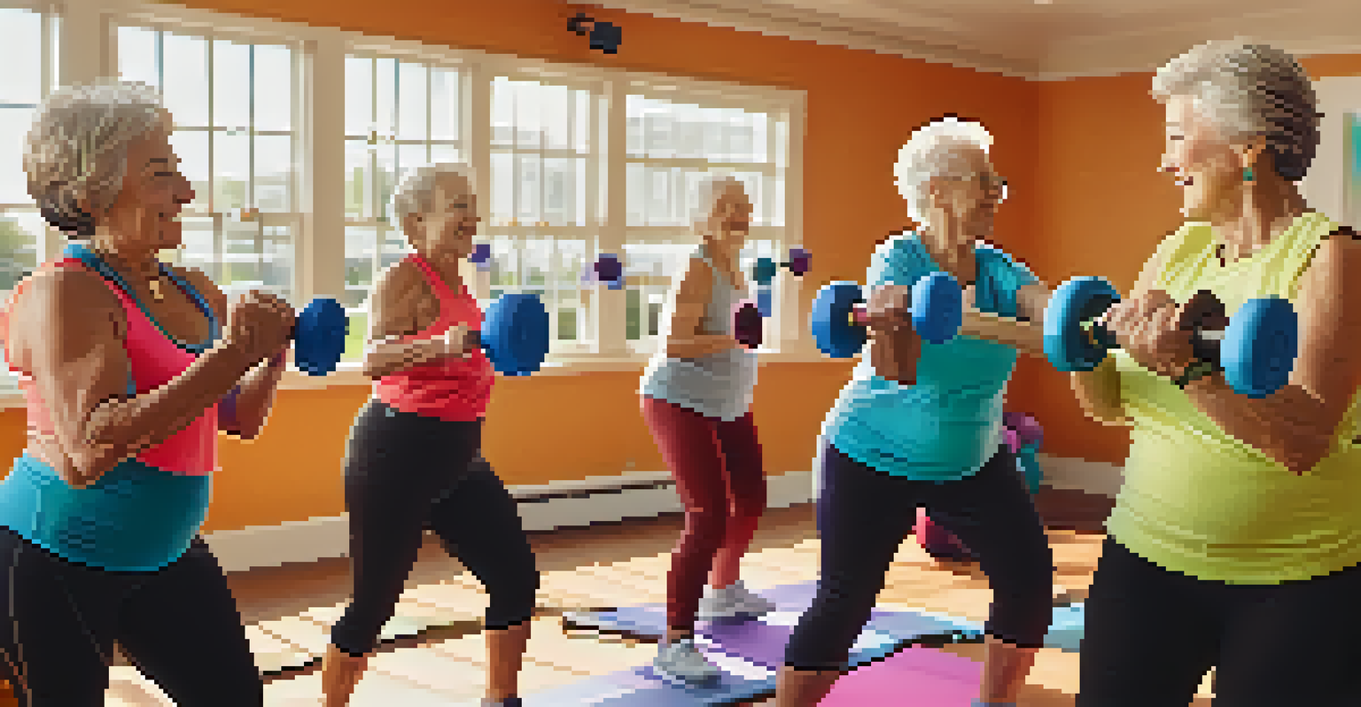 A group of senior women engaged in a bodybuilding class, smiling and using resistance bands with a bright and energetic environment.