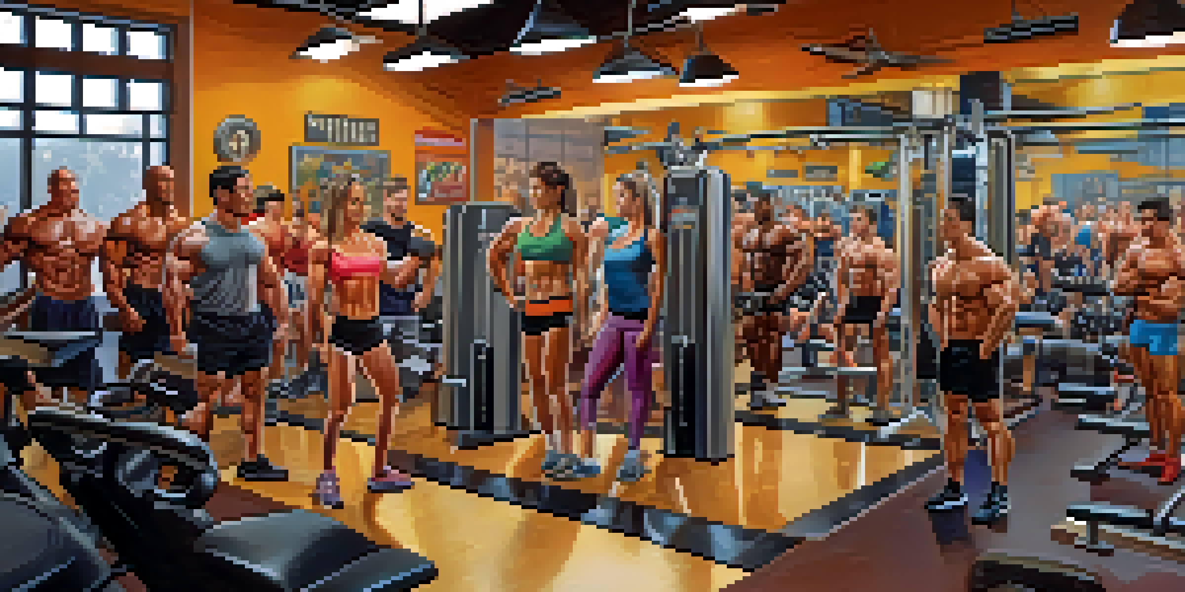 A diverse group of individuals working out in a gym, showcasing various body types and strengths with motivational posters in the background.