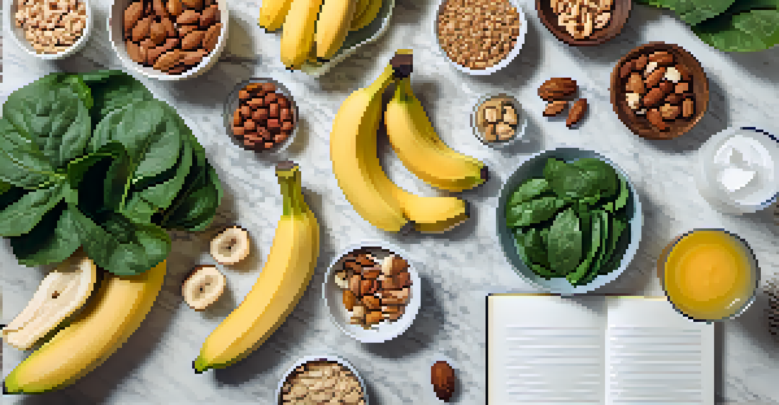 A flat lay of electrolyte-rich foods with a water bottle and notebook, representing hydration strategies for bodybuilders.