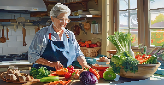 An older adult happily preparing a healthy meal in a bright kitchen, surrounded by fresh vegetables and lean meats.