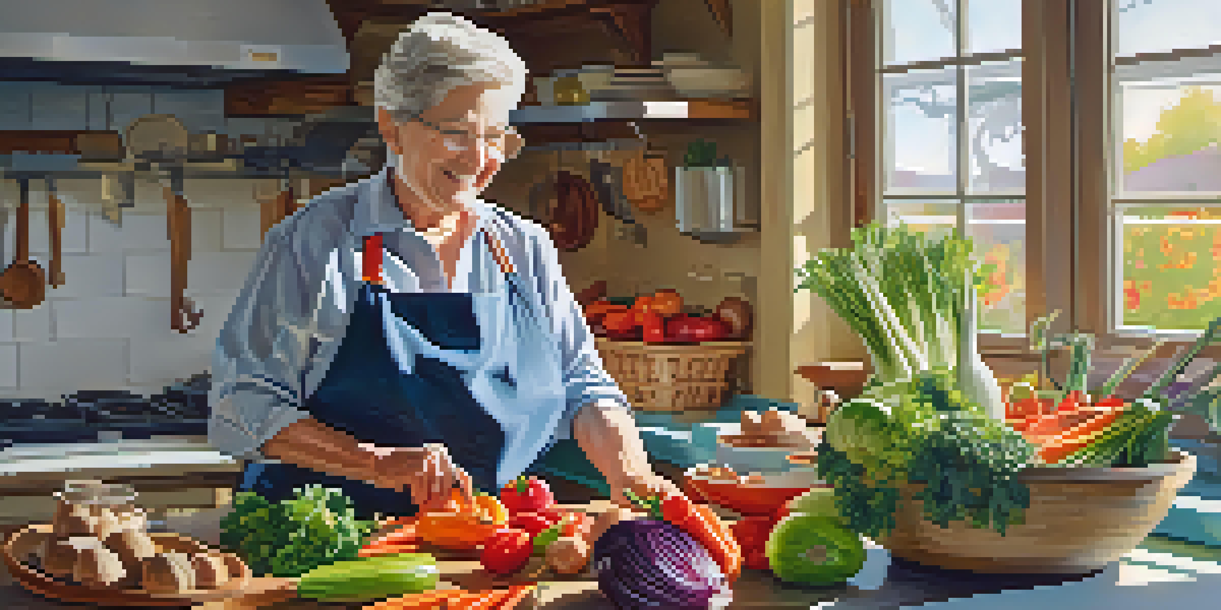 An older adult happily preparing a healthy meal in a bright kitchen, surrounded by fresh vegetables and lean meats.