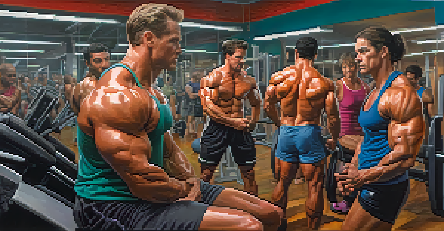 A group of bodybuilders in a gym discussing and demonstrating exercises with a bright and inviting atmosphere.