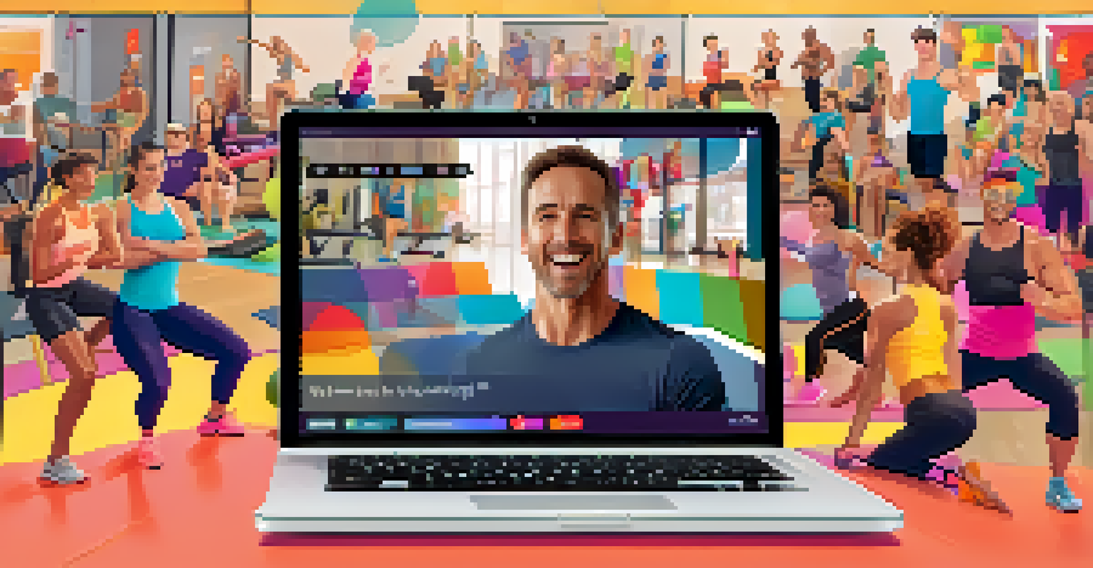 A fitness coach conducting a live Q&A session with an online audience, surrounded by fitness equipment and lively comments on the screen.