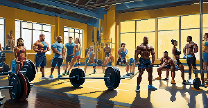 A diverse group of bodybuilders in a gym, one person squatting with a barbell while others stretch.