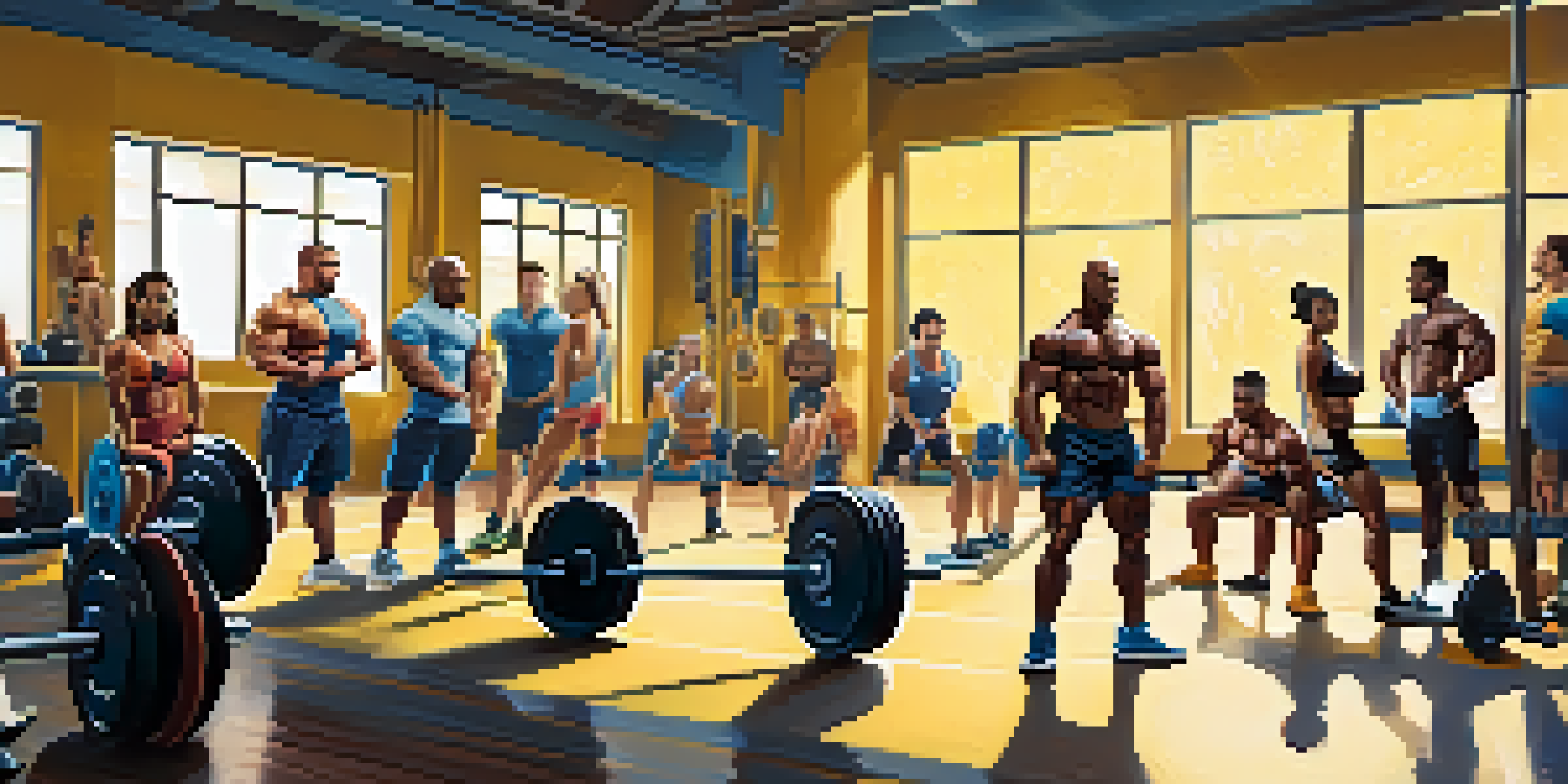 A diverse group of bodybuilders in a gym, one person squatting with a barbell while others stretch.