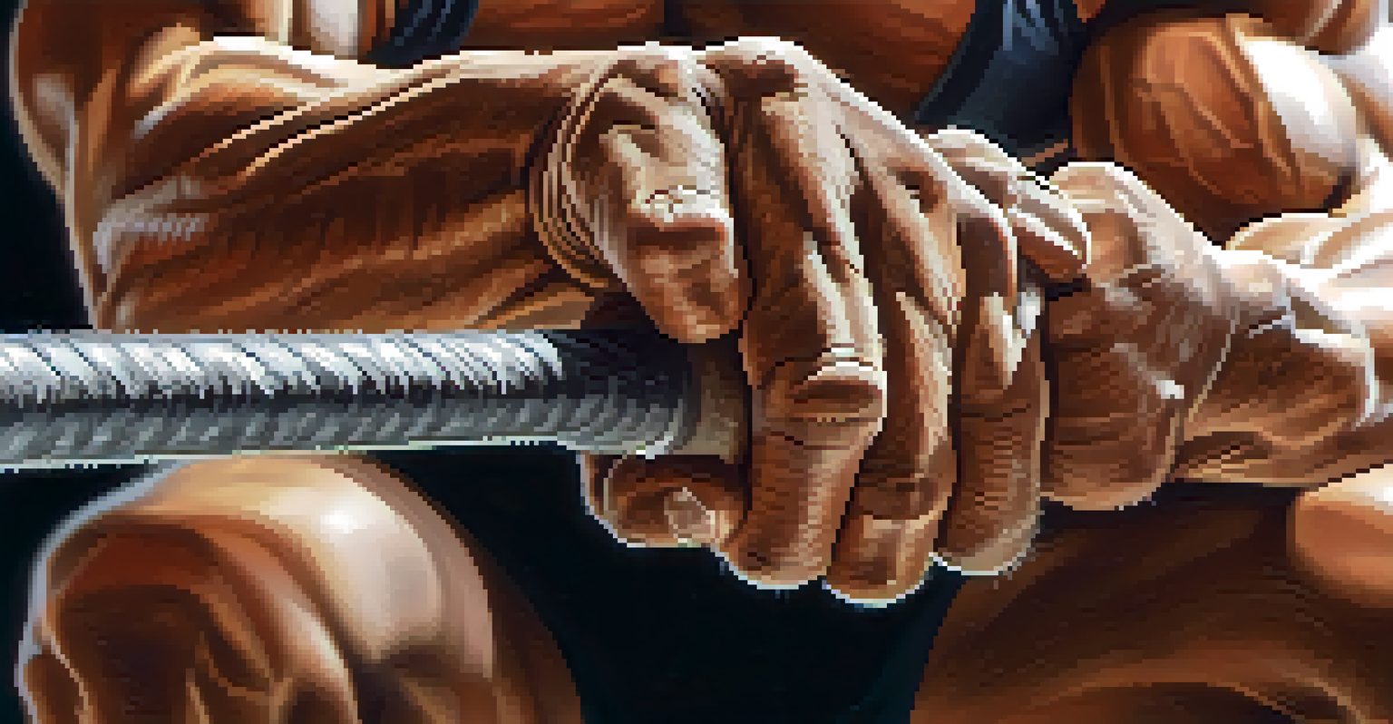 A close-up of a bodybuilder's hands gripping a barbell, showcasing chalk dust and textured grip, with gym equipment blurred in the background.