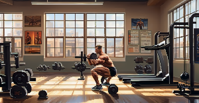 A bodybuilder lifting weights in a well-lit indoor gym with motivational posters and exercise equipment.