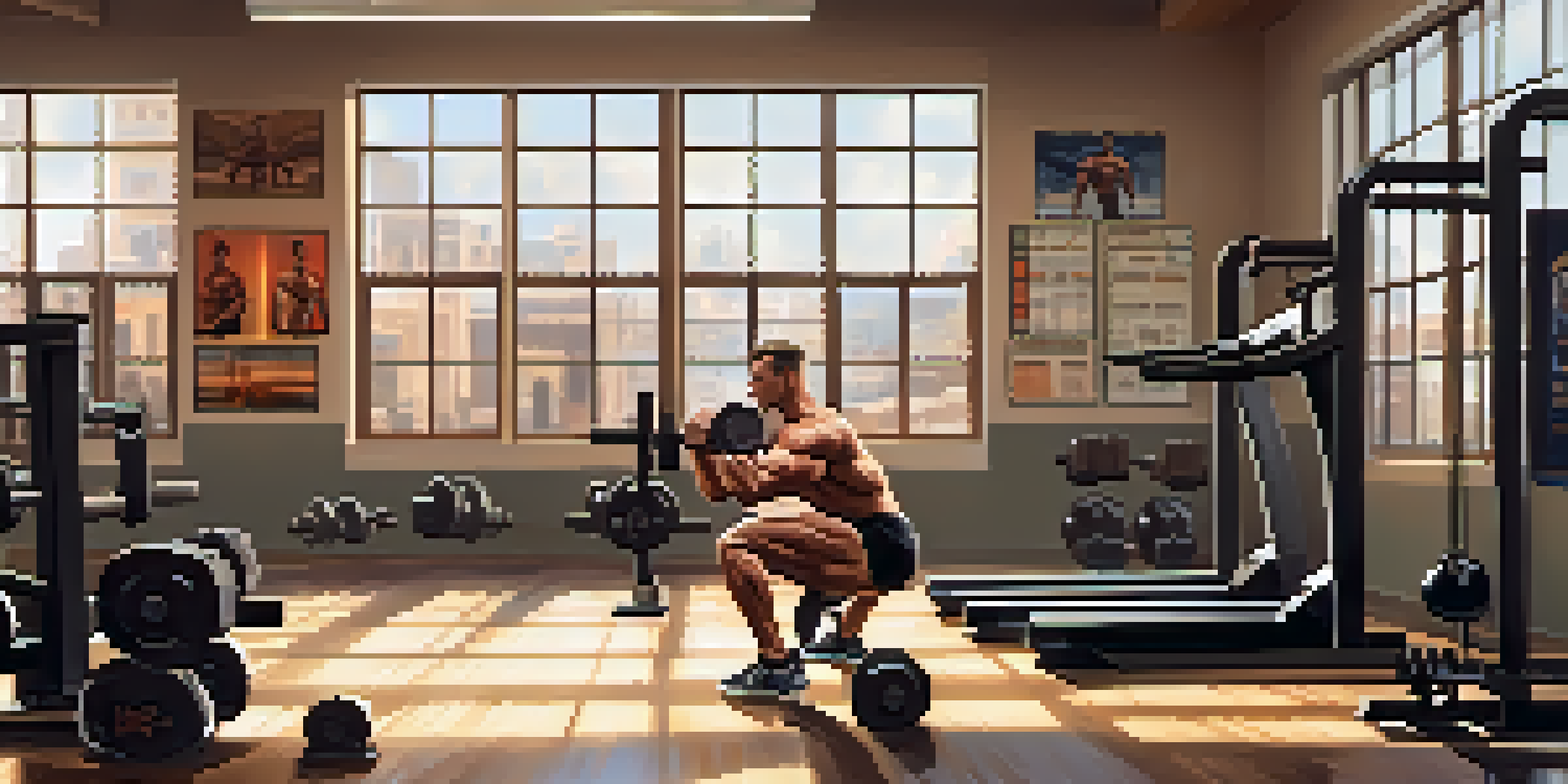 A bodybuilder lifting weights in a well-lit indoor gym with motivational posters and exercise equipment.