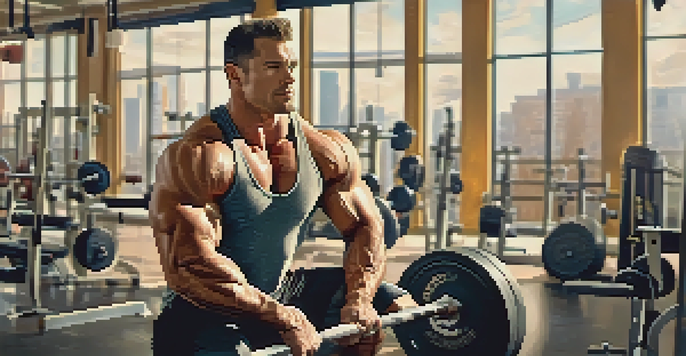 A bodybuilder lifting weights in a bright gym filled with motivational posters and gym equipment.