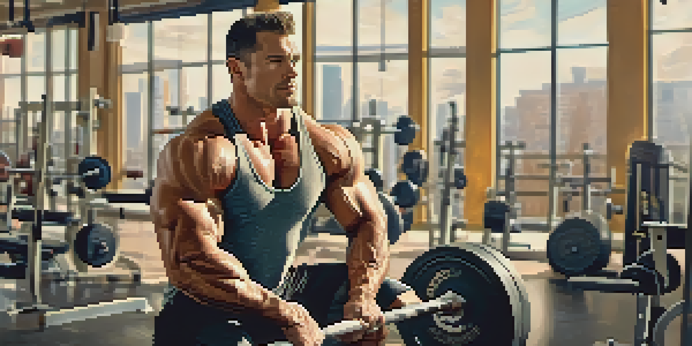 A bodybuilder lifting weights in a bright gym filled with motivational posters and gym equipment.