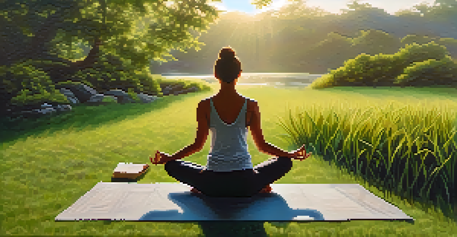 A person practicing yoga outdoors in a lush green environment during sunrise, radiating peace and tranquility.
