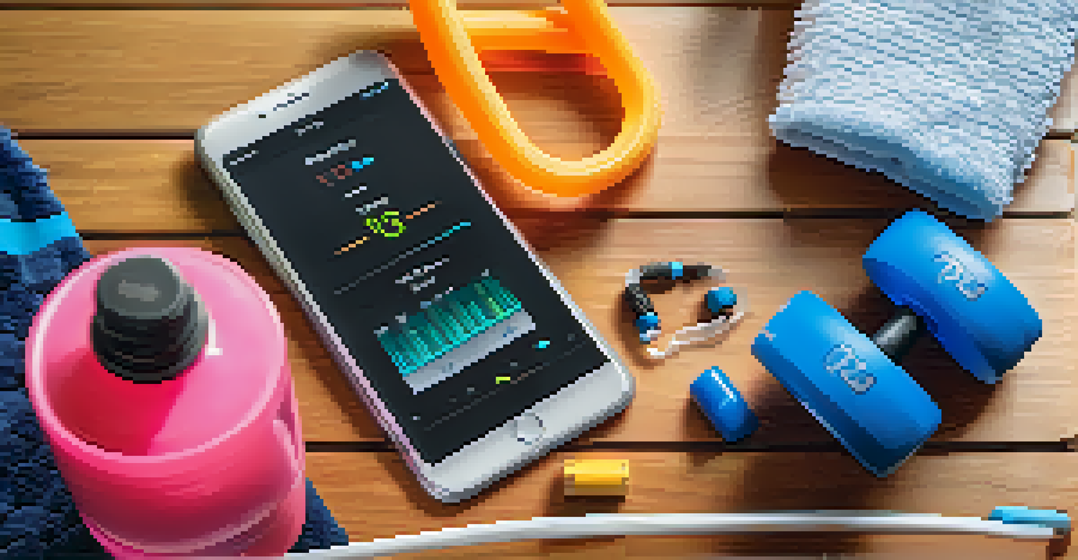 An overhead view of a fitness tracker showing hydration levels alongside a filled water bottle and a towel on a gym bench in a colorful workout environment.