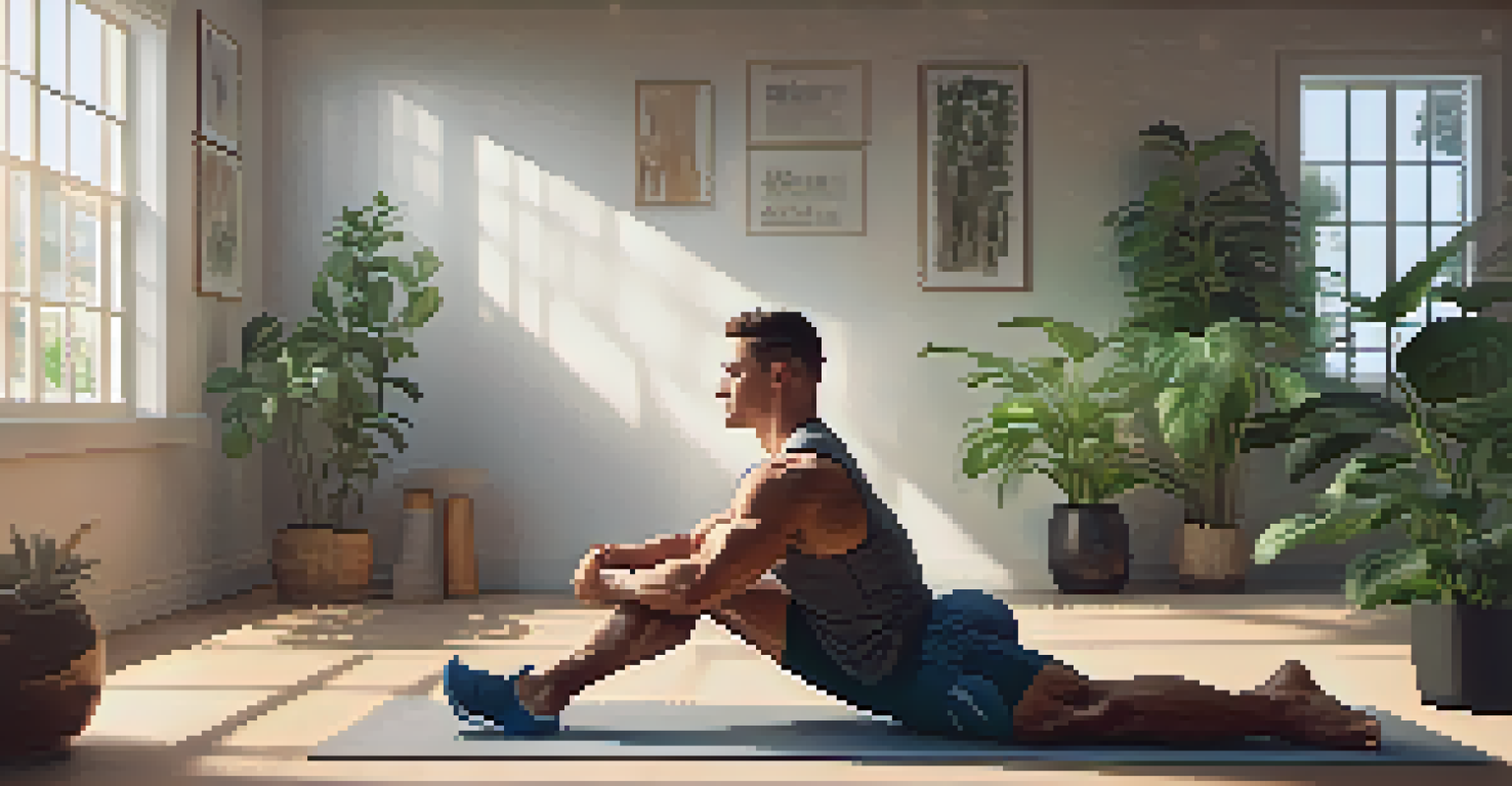 A bodybuilder on a mat, performing a hamstring stretch in a calming gym environment.