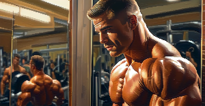 A muscular bodybuilder looking into a mirror, confidently repeating a positive affirmation in a gym setting.