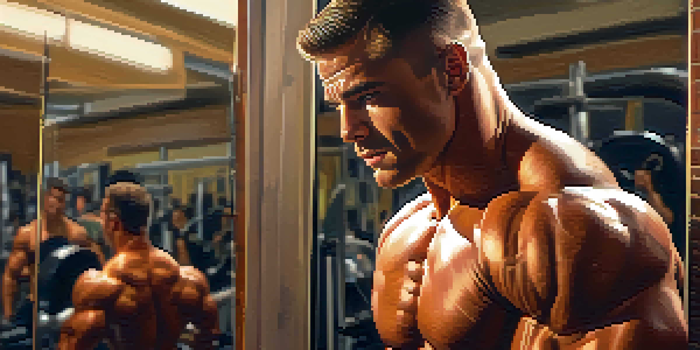 A muscular bodybuilder looking into a mirror, confidently repeating a positive affirmation in a gym setting.