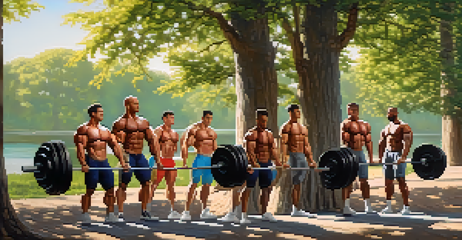 Group of bodybuilders training together outdoors in a supportive environment, surrounded by nature.