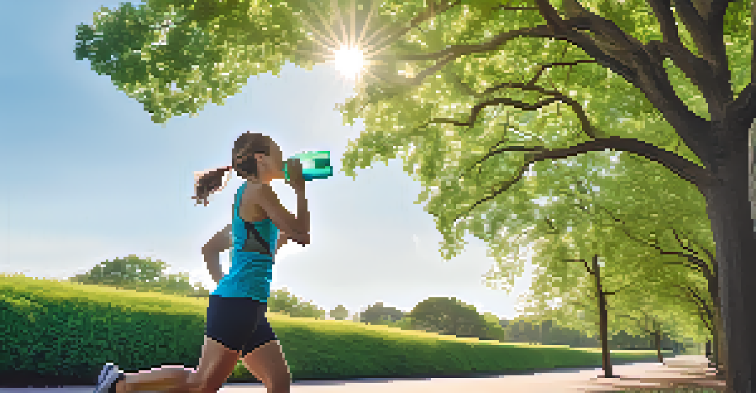 A person jogging in a park, drinking water from a clear bottle, surrounded by greenery and a blue sky.