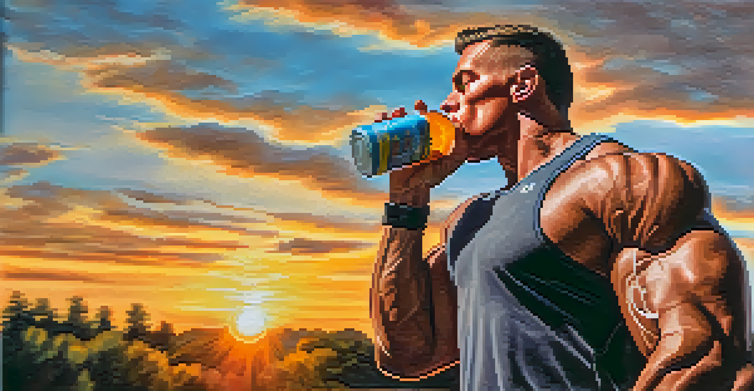 A bodybuilder drinking an electrolyte drink during an outdoor workout with a sunset background.