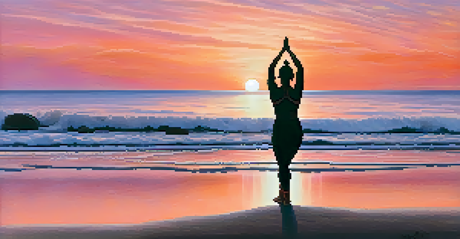 A female bodybuilder practicing yoga on a beach at sunrise, silhouetted against a vibrant sky.