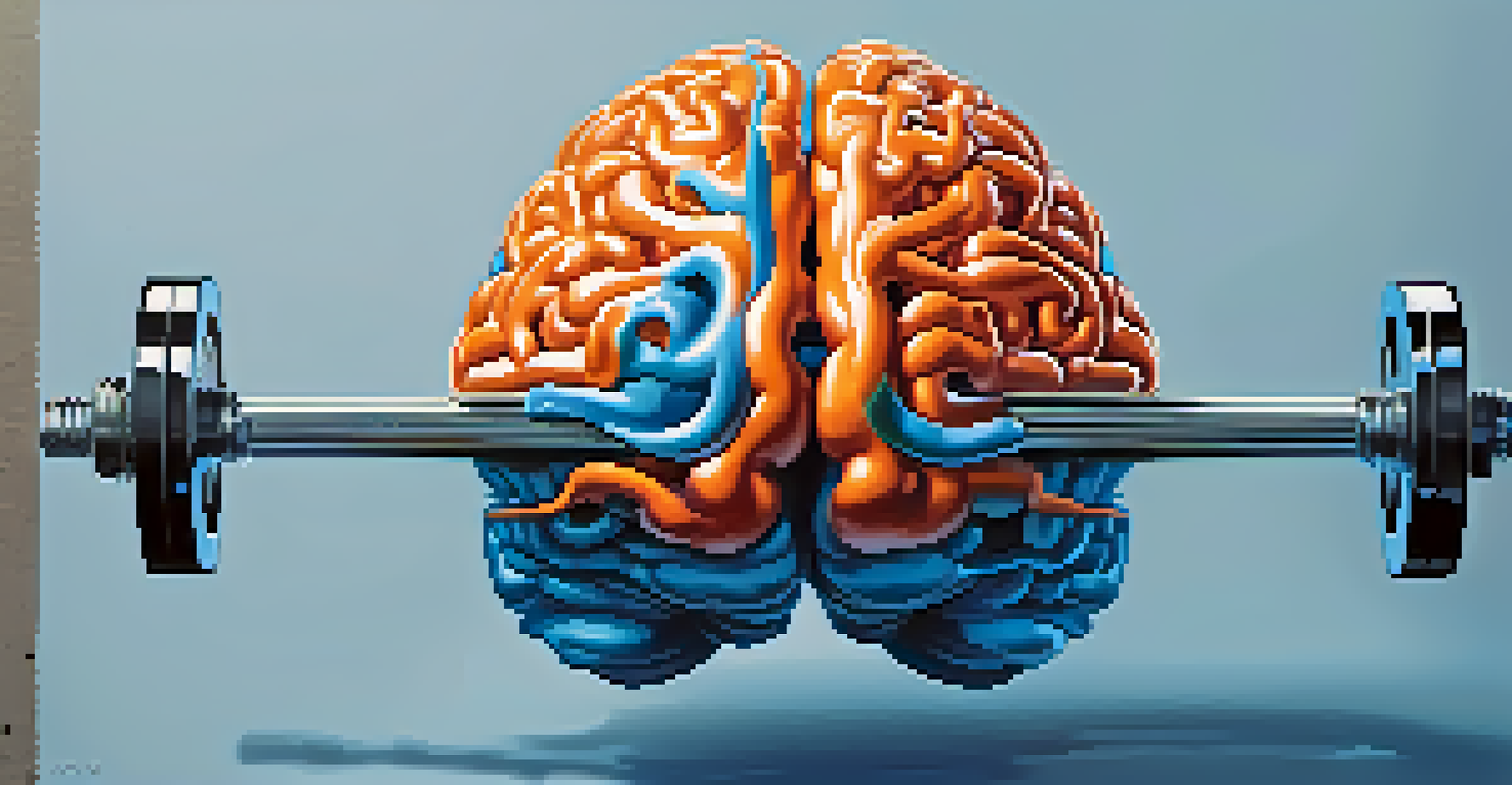 An artistic depiction of a brain with dumbbells and muscles, representing the mind-muscle connection.