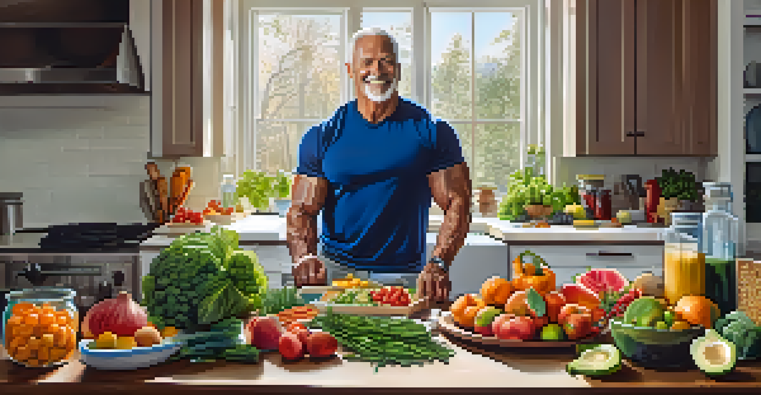 An elderly male bodybuilder preparing healthy food in a bright kitchen, surrounded by colorful fruits and vegetables.
