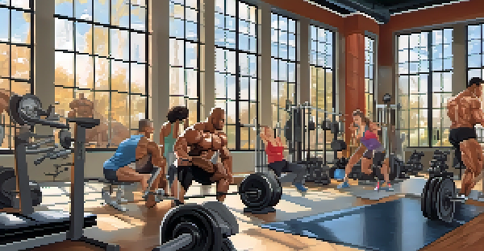 A diverse group of bodybuilders training in a sunny gym, with an athlete lifting weights and motivational posters on the walls.