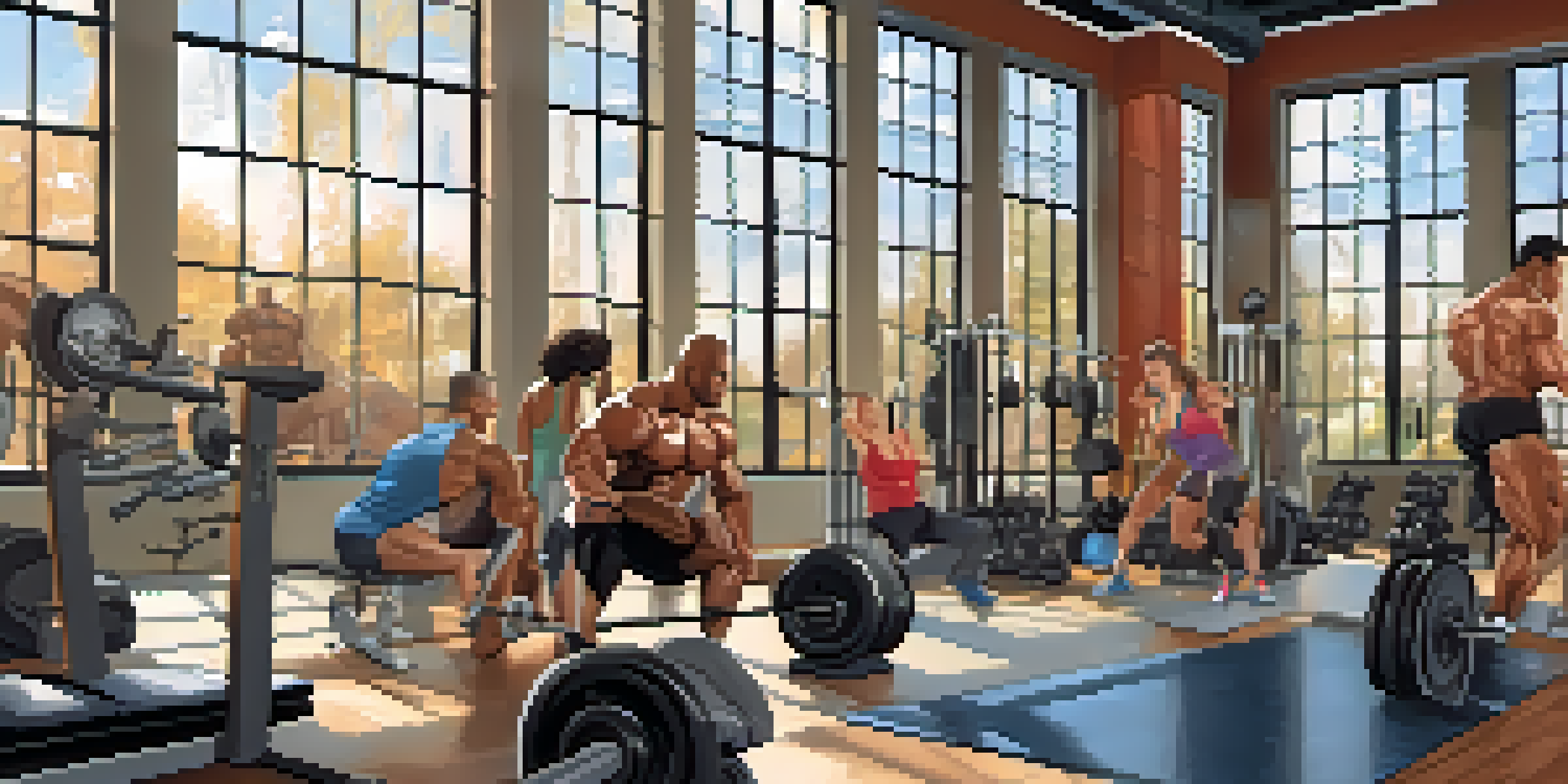 A diverse group of bodybuilders training in a sunny gym, with an athlete lifting weights and motivational posters on the walls.