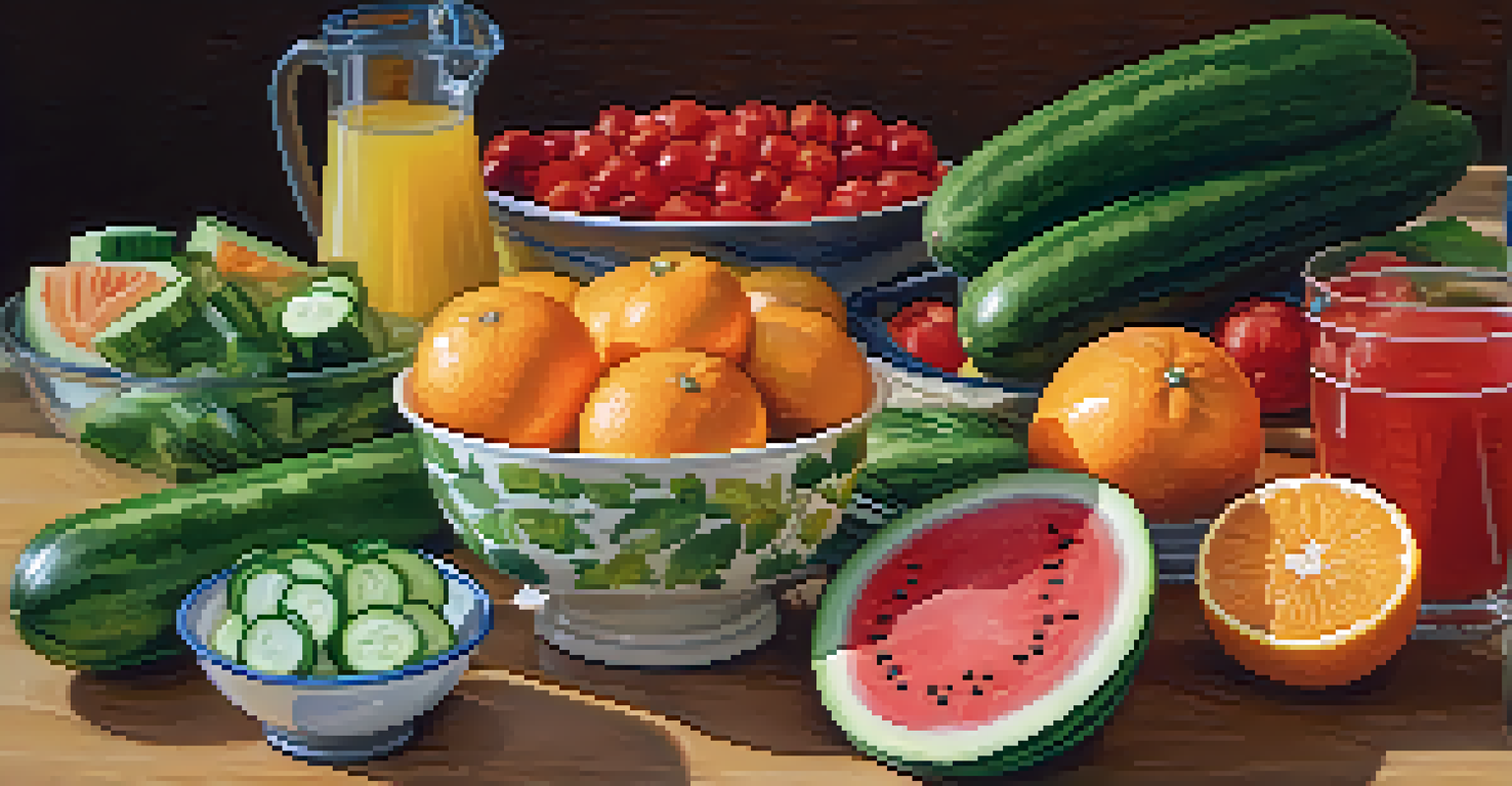 An overhead view of hydrating fruits and vegetables on a wooden table, with a measuring cup of water included.