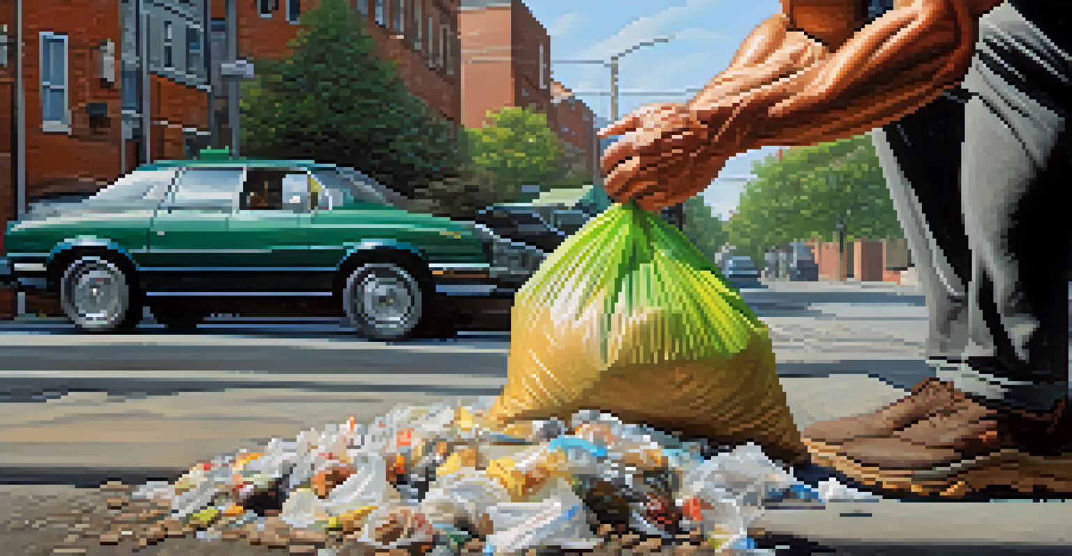 A close-up of a bodybuilder's hands lifting a trash bag during a community clean-up event, with a clean park in the background.