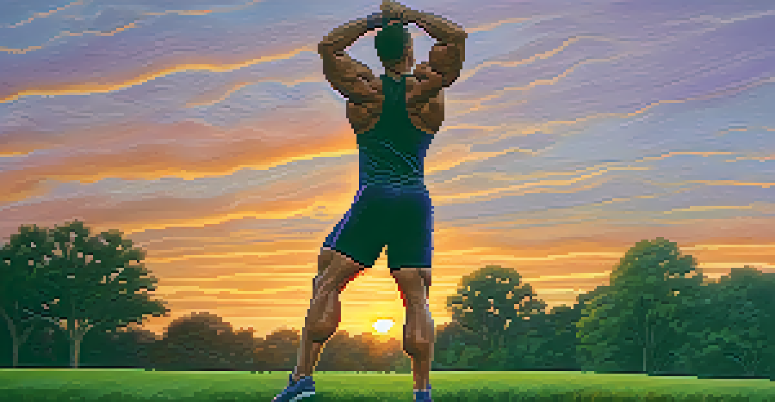 A bodybuilder stretching in a park at sunset after running, with a colorful sky and green surroundings.