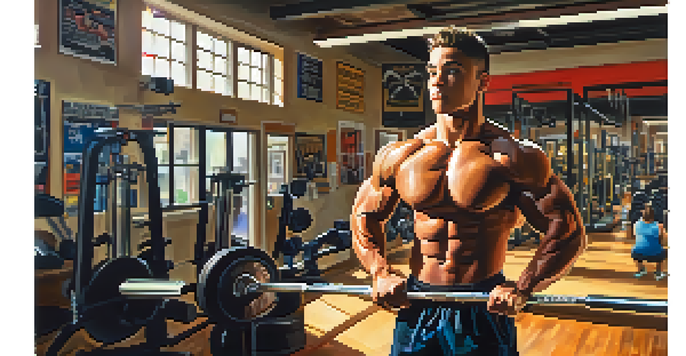 A teenage bodybuilder lifting weights in a bright gym, showing focused expression and toned muscles.