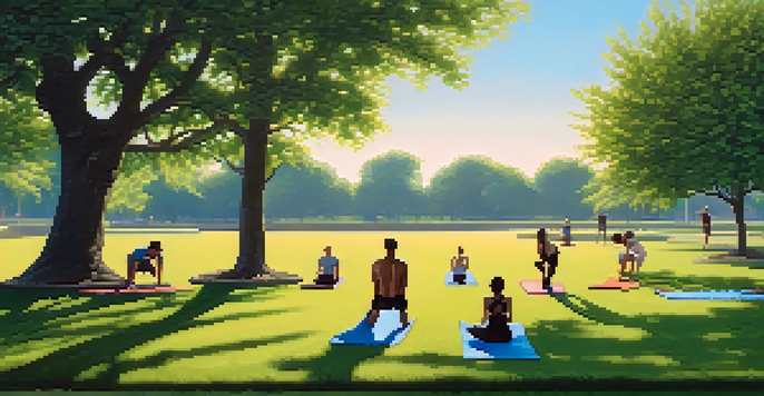 A diverse group of people practicing calisthenics in a sunny park, with a woman doing push-ups and a man doing pull-ups under trees.